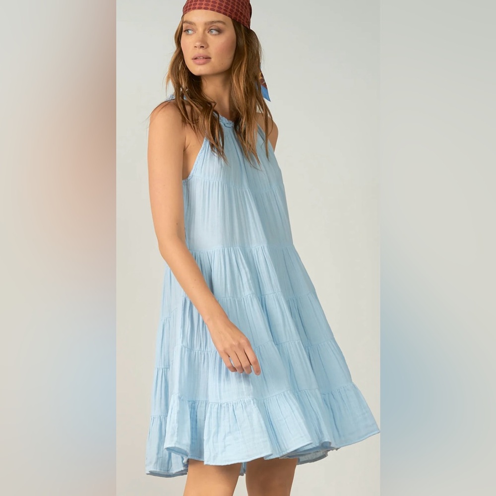 Elan Sunshine Yellow Cotton Tiered Halter Neck Dress W/ Ruffle Hem. Medium. - Picture 12 of 13
